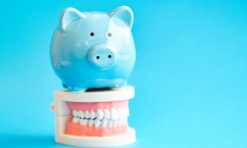 歯の模型と豚の貯金箱